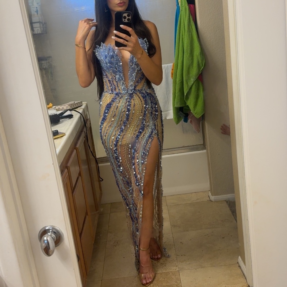 Albina dyla Embellished Sheer Slit Evening Gown in Light Blue